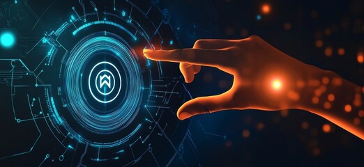 Fototapete - Touching a virtual abstract security icon representing network security and data protection, with a person’s hand interacting with an AI symbol in a dark blue background illuminated by orange light.