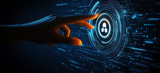 Fototapete - Touching a virtual abstract security icon representing network security and data protection, with a person’s hand interacting with an AI symbol in a dark blue background illuminated by orange light.