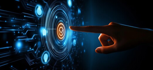 Fototapete - Touching a virtual abstract security icon representing network security and data protection, with a person’s hand interacting with an AI symbol in a dark blue background illuminated by orange light.