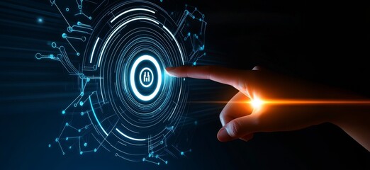 Fototapete - Touching a virtual abstract security icon representing network security and data protection, with a person’s hand interacting with an AI symbol in a dark blue background illuminated by orange light.