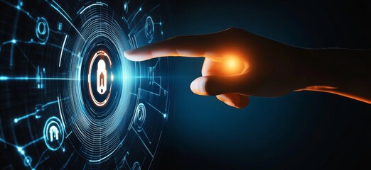 Fototapete - Touching a virtual abstract security icon representing network security and data protection, with a person’s hand interacting with an AI symbol in a dark blue background illuminated by orange light.