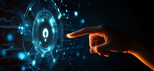 Fototapete - Touching a virtual abstract security icon representing network security and data protection, with a person’s hand interacting with an AI symbol in a dark blue background illuminated by orange light.