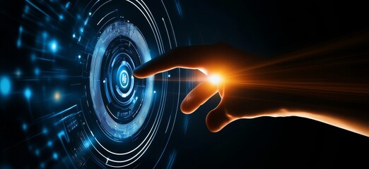Fototapete - Touching a virtual abstract security icon representing network security and data protection, with a person’s hand interacting with an AI symbol in a dark blue background illuminated by orange light.