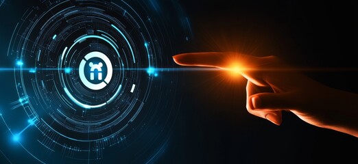 Fototapete - Touching a virtual abstract security icon representing network security and data protection, with a person’s hand interacting with an AI symbol in a dark blue background illuminated by orange light.