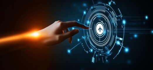 Fototapete - Touching a virtual abstract security icon representing network security and data protection, with a person’s hand interacting with an AI symbol in a dark blue background illuminated by orange light.