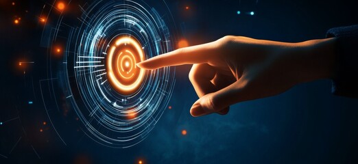 Fototapete - Touching a virtual abstract security icon representing network security and data protection, with a person’s hand interacting with an AI symbol in a dark blue background illuminated by orange light.