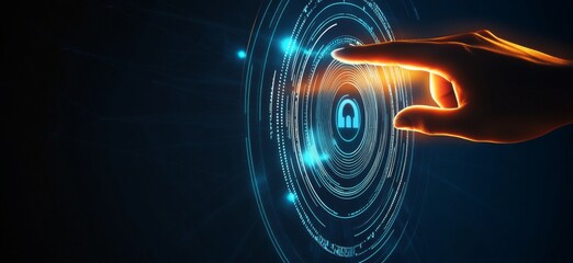 Fototapete - Touching a virtual abstract security icon representing network security and data protection, with a person’s hand interacting with an AI symbol in a dark blue background illuminated by orange light.