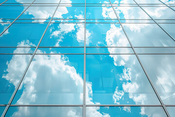 A tall building with many windows reflecting the blue sky, generative ai image.,