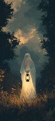 A white sheet ghost holding an oil lamp in the dark night, with tall grass...