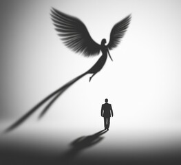 Silhouette of angel flying over businessman with long tail in surreal black and white scene, dramatic high contrast, clean lines, and a surreal atmosphere