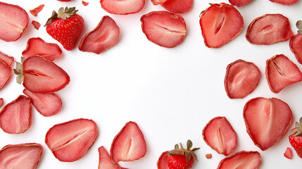 dried strawberry slices: a frame made from dried strawberry slices, scattered vibrantly across a white background, the bright red and pink tones of the fruit create a lively, fresh atmosphere