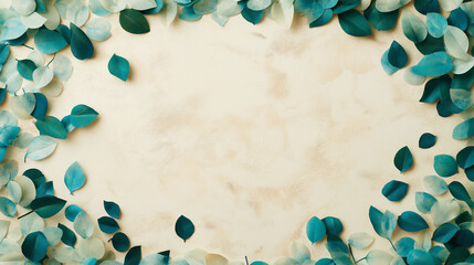 earth day confetti: a refreshing frame made from green and blue leaf-shaped confetti, scattered around a light earth-toned background