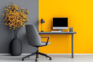 Poster - Mustard yellow and grey color palette, used in a minimalist home office setup with clean lines and modern design