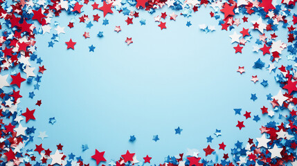 independence day confetti: a patriotic frame made from red, white, and blue star confetti, scattered around the edges of a light sky blue background, the bold colors create a spirited border