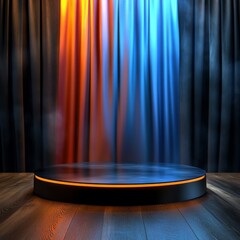 Wall Mural - Illuminated Stage with Black Platform and Colorful Curtains