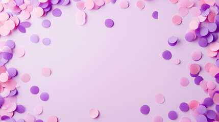 pink and purple confetti: a playful frame made from pink and purple confetti, loosely arranged around a light lavender background, the soft hues create a whimsical border