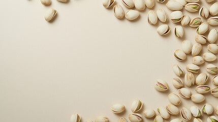 Wall Mural - pistachios: a loose frame made from shelled pistachios, scattered casually across a soft beige background, the pale green and tan tones of the nuts create a fresh, earthy look