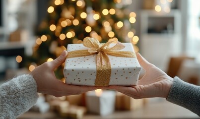 Festive Gift Exchange Between Couple in Cozy Living Room with Christmas Tree and Warm Lighting