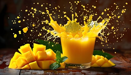 Vibrant splash of mango juice bursting with freshness and flavor