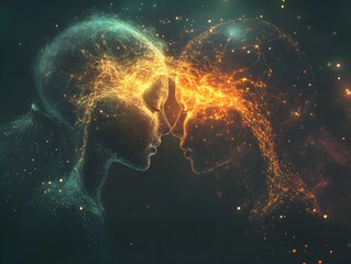 Digital illustration of two heads with glowing neurons intertwining, symbolizing cognitive collaboration and the cerebral cortex in full activity