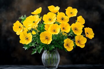 Poster - Mustard yellow flowers in a vase, set against a dark background with soft, natural light
