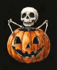 Creepy Skeleton comes out of pumpkin. Halloween illustration isolated on black background