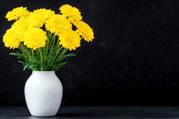Poster - Mustard yellow flowers in a vase, set against a dark background with soft, natural light
