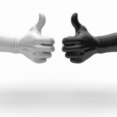 Black and white hands giving thumbs up isolated on white background. Modern minimal design. Business concept of partnership, agreement, teamwork, success, like, approval, or positive feedback.