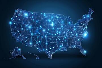 Poster - An abstract map of the United States is depicted with glowing blue dots connected by lines on a dark blue background, creating a futuristic and dynamic visualization.