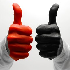 Two hands with red and black gloves giving thumbs up on white background. Symbolizing choice, decision, and contrast between red and black colors in a creative and impactful way.