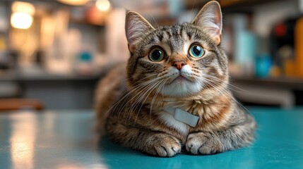 Wall Mural - A close-up of a curious cat resting on a table.