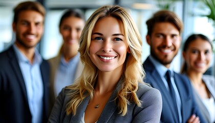 Smiling business team in an office, led by a blonde female manager, all confidently engaging with the camera