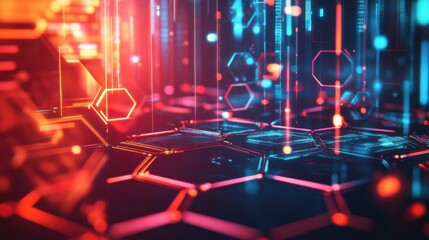 Poster - A futuristic abstract background with hexagons, lines, and bright geometric shapes, arranged in a layered, dynamic design full of energy and contrast