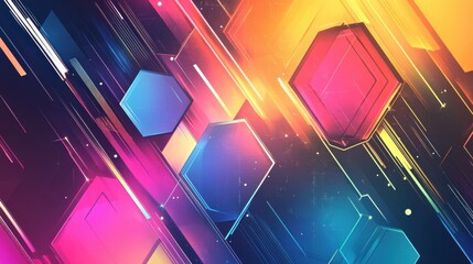 Poster - A modern abstract banner with colorful hexagons and intersecting lines, forming a layered, dynamic background full of vibrant geometric shapes