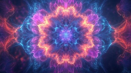 Poster - A rotating fractal pattern in bright neon colors, with intricate shapes and a symmetrical design that creates a dynamic, hypnotic effect
