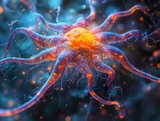 Wall Mural - microscopic view of a neuron - glowing cell structure