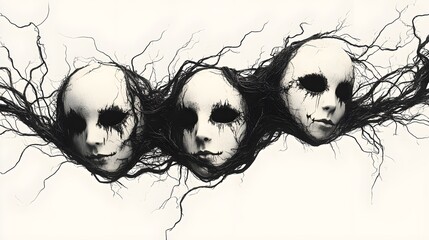 Creepy twisted branches wrapped around Halloween party masks, dark illustration, haunting yet captivating, isolated on white background