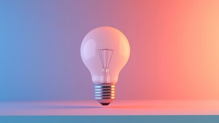 A single lightbulb stands on a white surface against a vibrant gradient background of pink and blue.