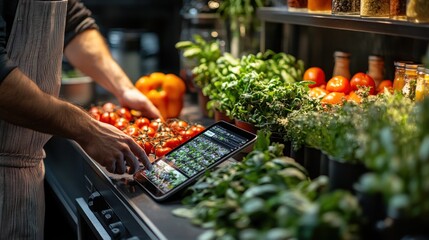 Wall Mural - A person using a tablet amidst fresh produce in a kitchen.