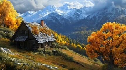 Farm house in the mountains in autumn
