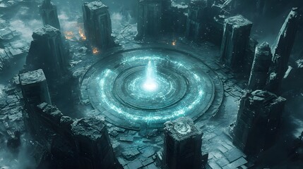 A ring of diverse sorcerer towers, some ancient and crumbling, others shimmering with modern magical architecture, all encircling a central stone courtyard filled with magical runes