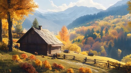 Farm house in the mountains in autumn
