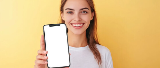 A woman is holding a phone with a white screen and smiling. yellow background