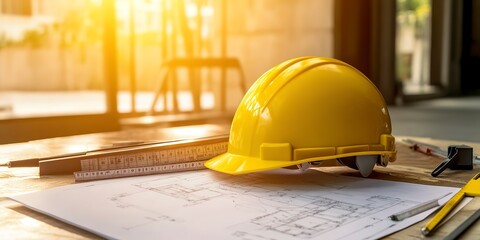 Poster - yellow hard safety helmet hat and the blueprint, pen, ruler, protractor, and tape measure on the tab