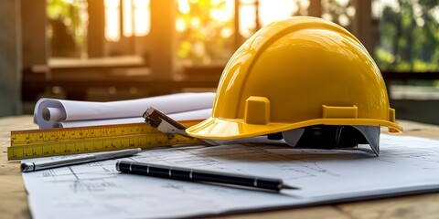 Poster - yellow hard safety helmet hat and the blueprint, pen, ruler, protractor, and tape measure on the tab