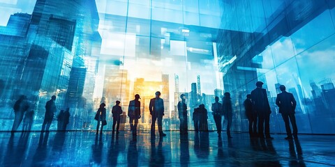 Poster - workers on construction site, engineering construction infrastructure silhouette of business people standing teamwork together multi exposure with industrial building construction in blue 