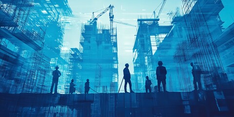Poster - workers on construction site, engineering construction infrastructure silhouette of business people standing teamwork together multi exposure with industrial building construction in blue