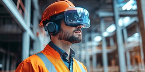 Poster - worker in safety helmet with futuristic ar visor and headphones in a construction site