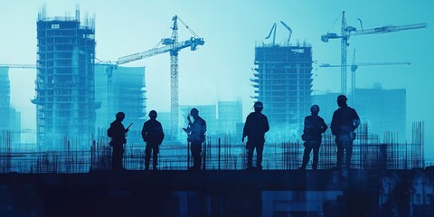 Poster - workers on construction site, engineering construction infrastructure silhouette of business people standing teamwork together multi exposure with industrial building construction in blue