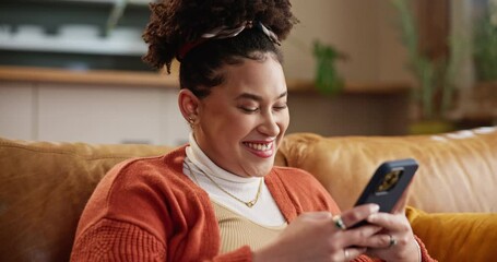 Smile, message and woman with phone on sofa for dating app, platform and conversation. Happy, female person and typing with technology at home for profile match, response and online communication